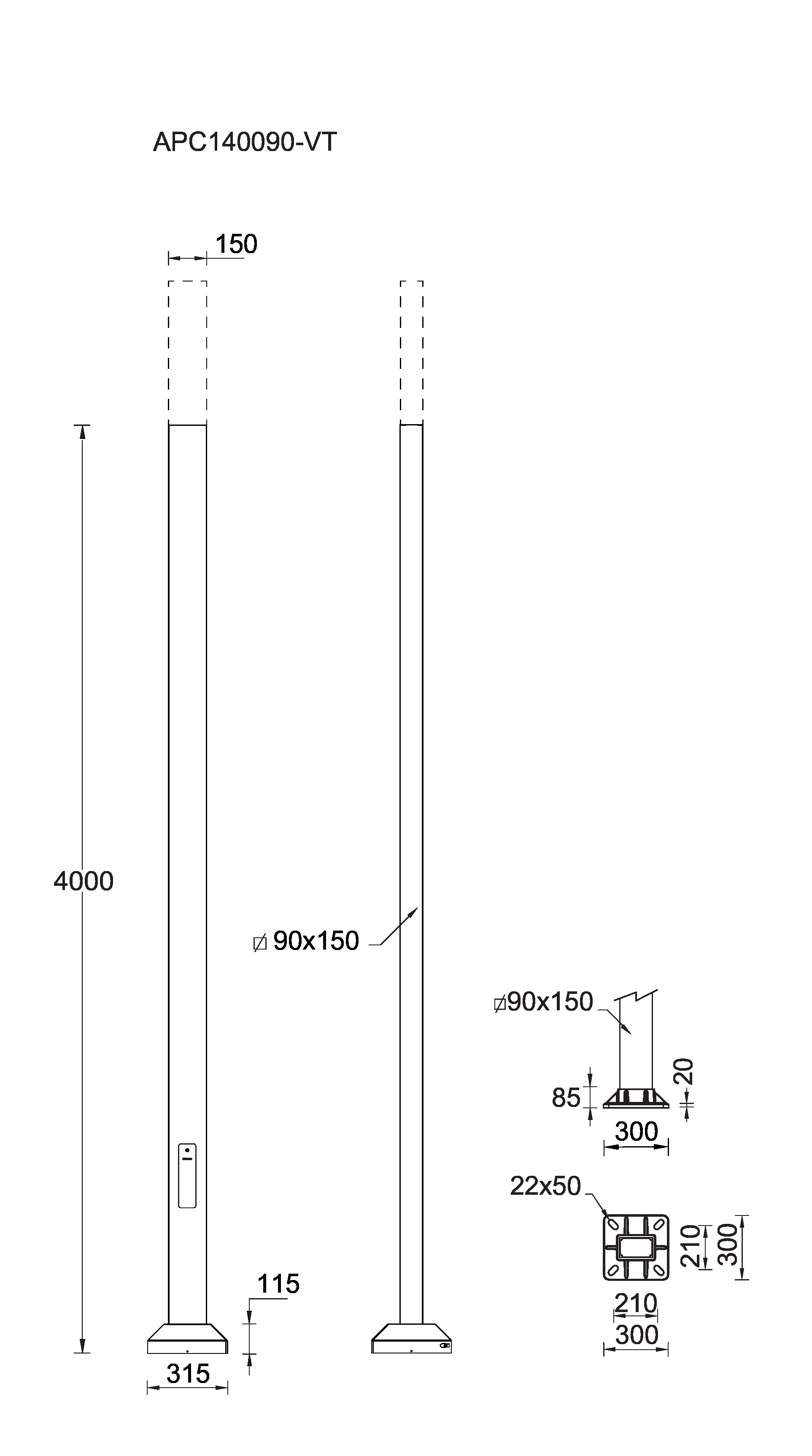 4 m - Square, straight aluminium pole for LIGHT LINEAR VT