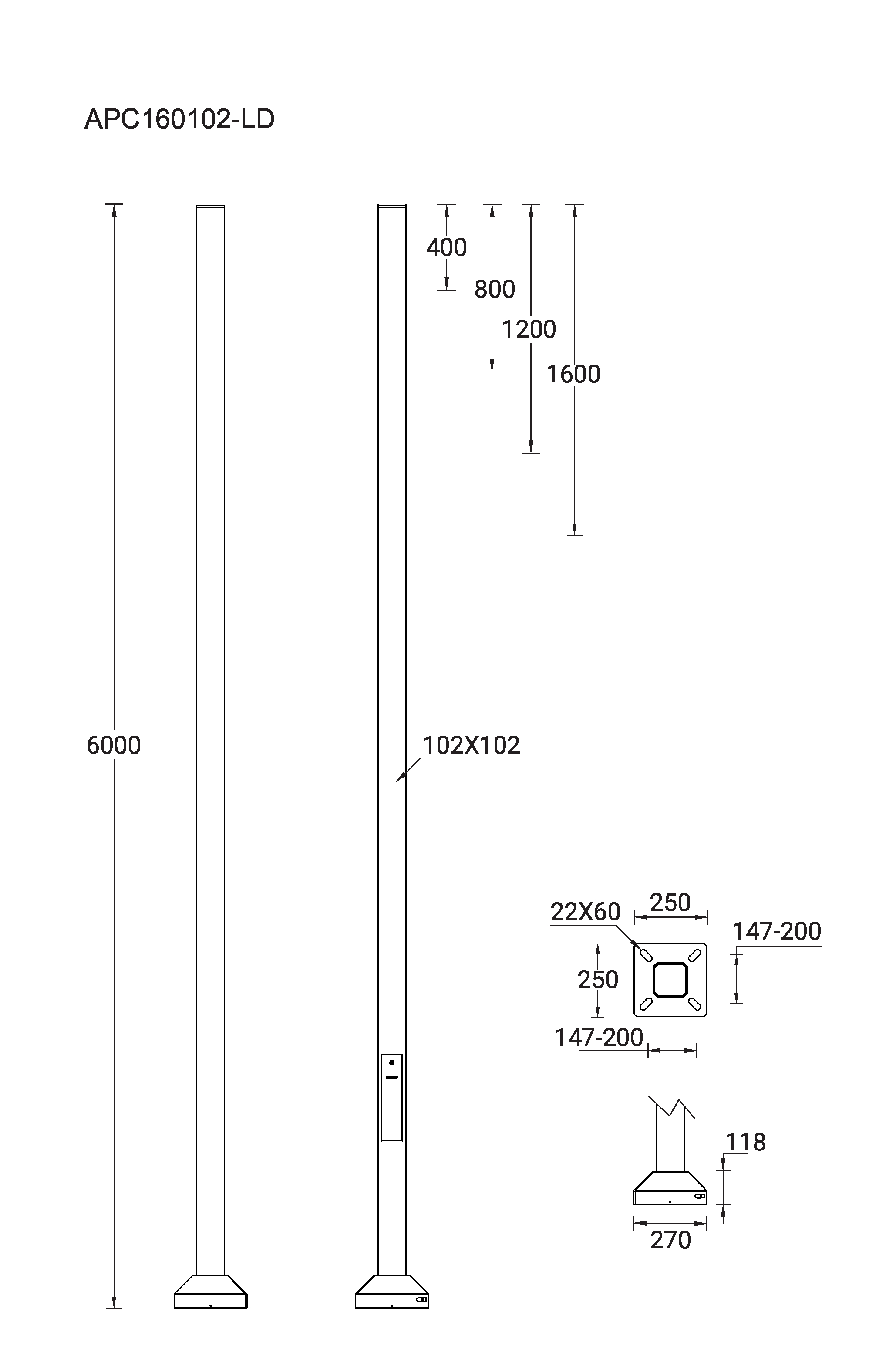 6 m - Square, straight aluminium pole for LADOR